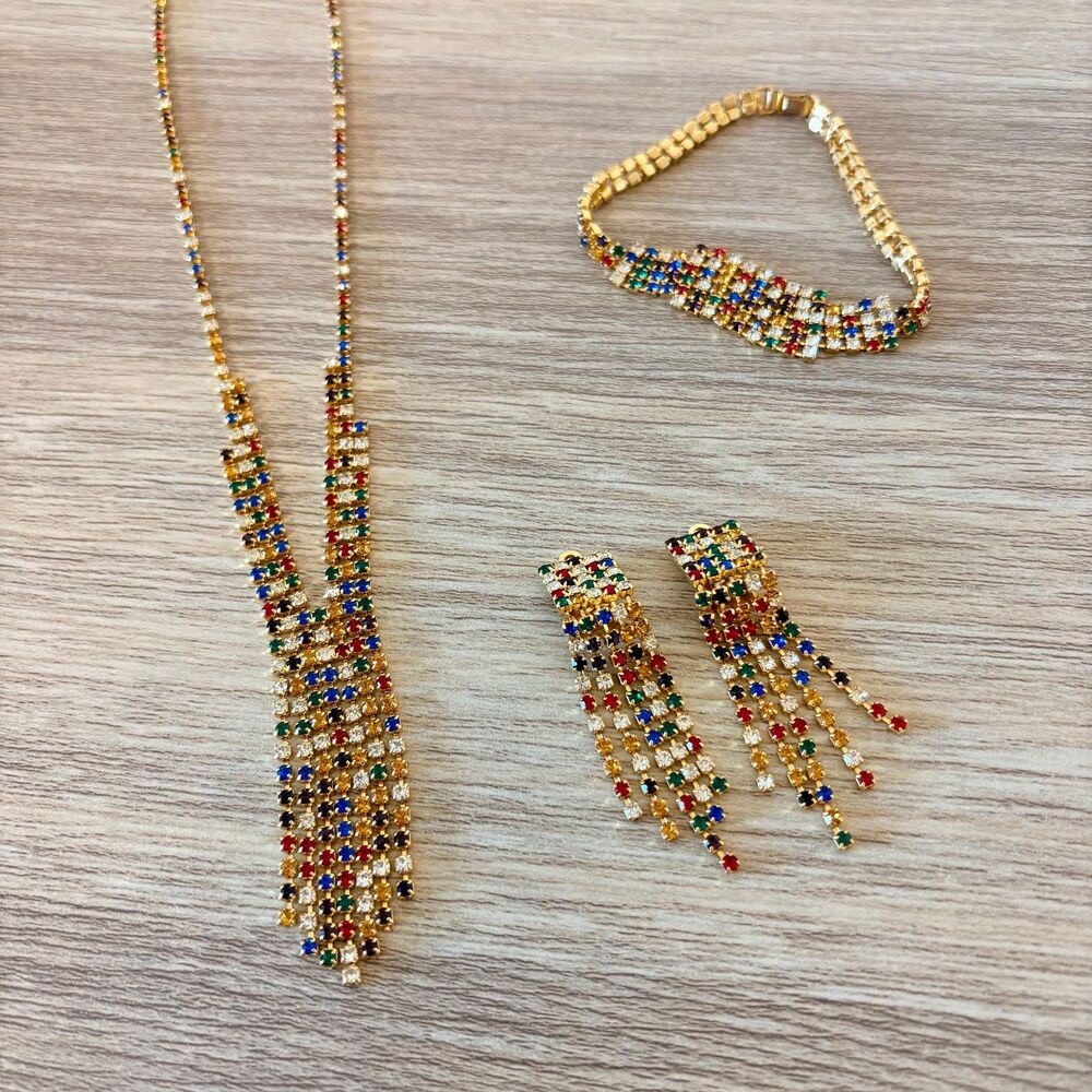 Vintage 1970s Multicolor Rhinestone Jewelry Set, Necklace Bracelet Earrings